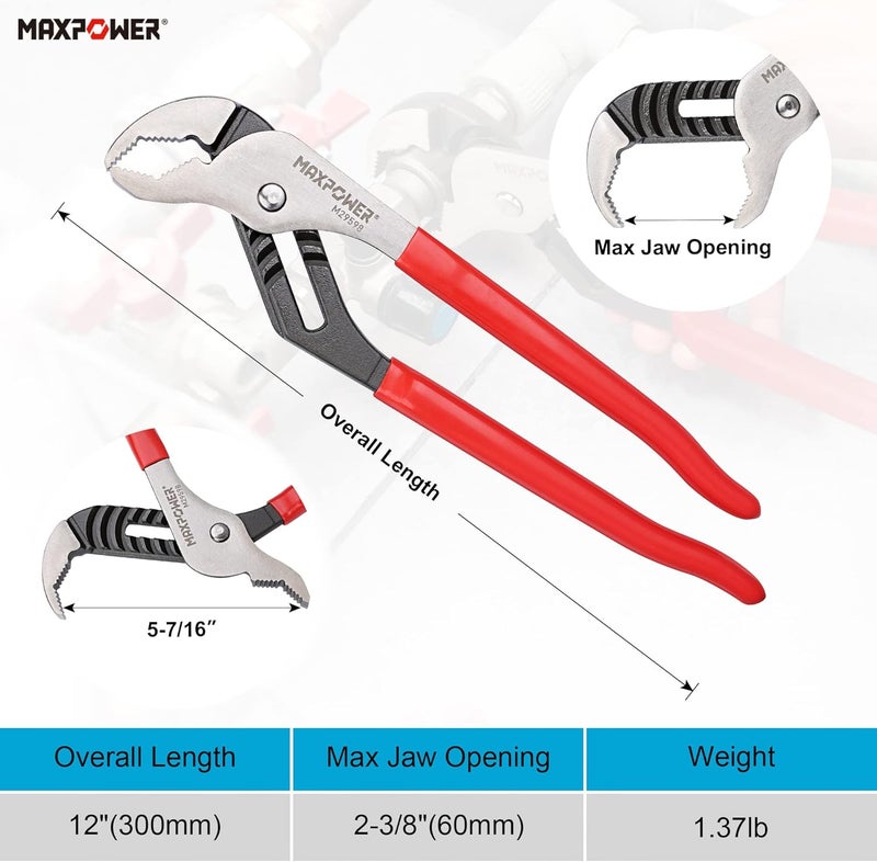 Max Power 12 inch Groove Joint Pliers, Quick Adjustable Serrtated V Jaw Tongue and Groove Pliers - Image 2